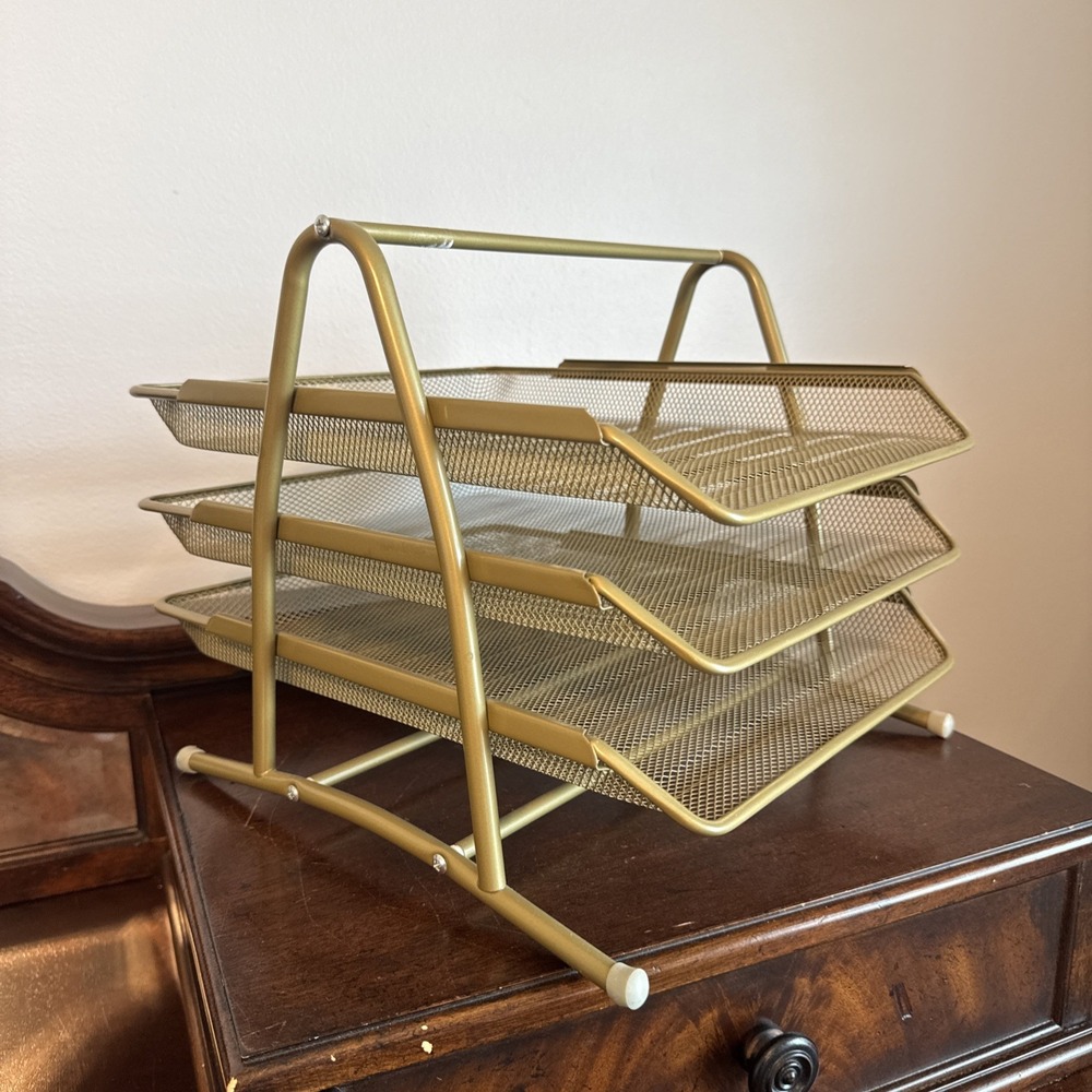 3 Tier Pull Out Document File Organizer Rack Desk Letter Tray Mesh Metal Gold